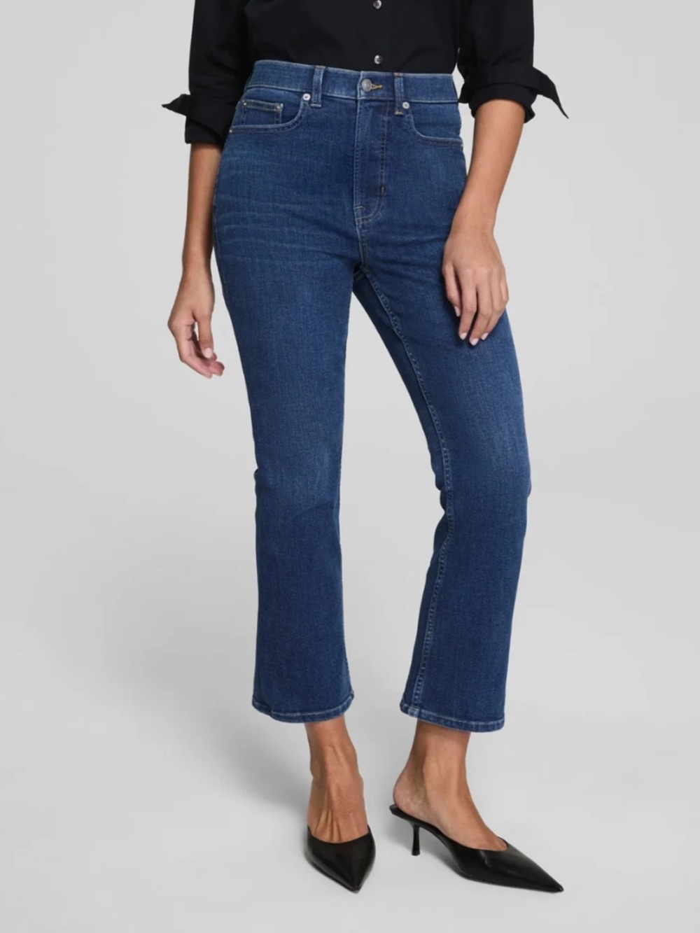 Spanx High-Waist Cropped Kick Flare Jeans 10 Sculpting Tummy Control Classic